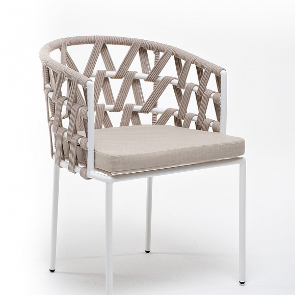 Диего стул плетеный из роупа, каркас из стали белый муар, роуп бежевый круглый, ткань бежевая 15052 фото 2