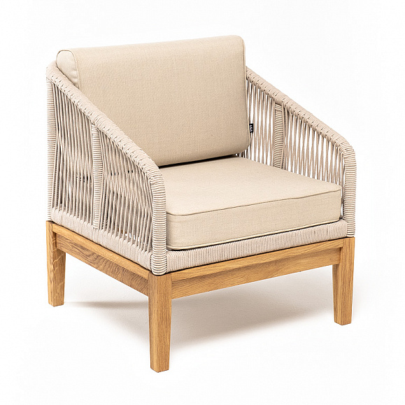 Канны кресло плетеное из роупа, основание дуб, роуп бежевый круглый, ткань бежевая 15052 фото 3