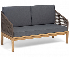 Канны диван 2-местный плетеный из роупа, основание дуб, роуп коричневый круглый, ткань темно-серая 027 NEW