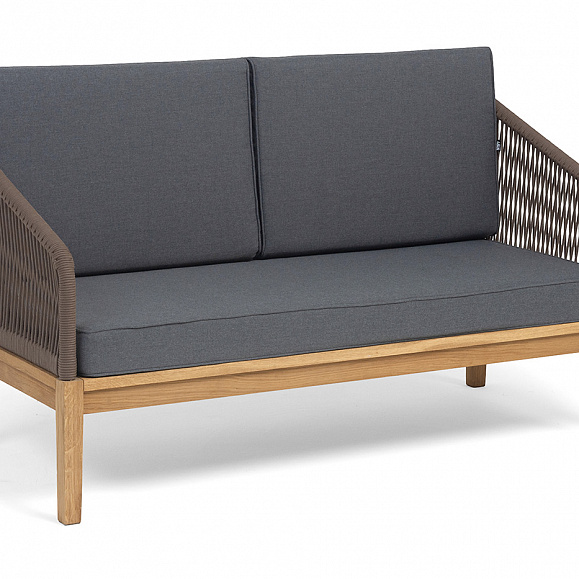 Канны диван 2-местный плетеный из роупа, основание дуб, роуп коричневый круглый, ткань темно-серая 027 NEW фото 2