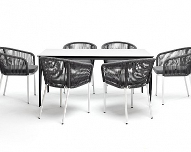 Обеденная группа Малага 4SIS на 6 персон со стульями "Марсель", каркас белый, роуп серый