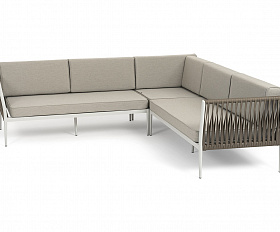 Касабланка диван модульный плетеный из роупа, каркас алюминий, роуп серо-коричневый 23мм, ткань бежевая 15052