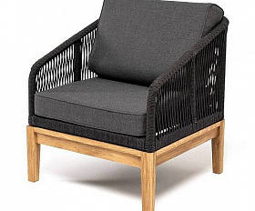 Кресло Канны 4SIS плетеное из роупа, основание дуб, роуп темно-серый круглый, ткань темно-серая 27