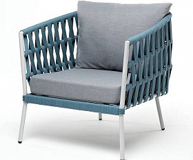 Кресло Диего 4SIS плетеное из роупа, каркас алюминий светло-серый (RAL7035) муар, роуп бирюзовый круглый, ткань светло-серая