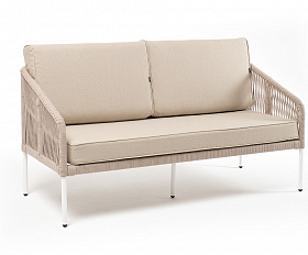 Канны диван 2-местный плетеный из роупа, каркас алюминий белый муар, роуп бежевый круглый, ткань бежевая 15052