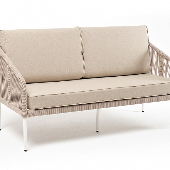 Канны диван 2-местный плетеный из роупа, каркас алюминий белый муар, роуп бежевый круглый, ткань бежевая 15052 фото 3