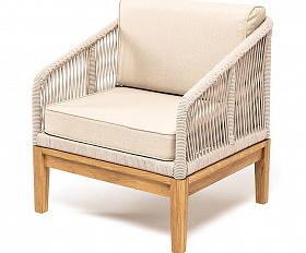 Канны кресло плетеное из роупа, основание дуб, роуп бежевый круглый, ткань бежевая 15052