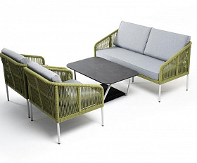 Лаунж-зона Канны 4-местная из роупа со столом "Глория" (серый гранит), каркас алюминиевый светло-серый, роуп салатовый меланж