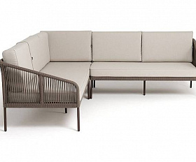 Диван Канны 4SIS модульный плетеный из роупа, каркас алюминий коричневый (RAL8016) муар, роуп коричневый круглый, ткань бежевая 35