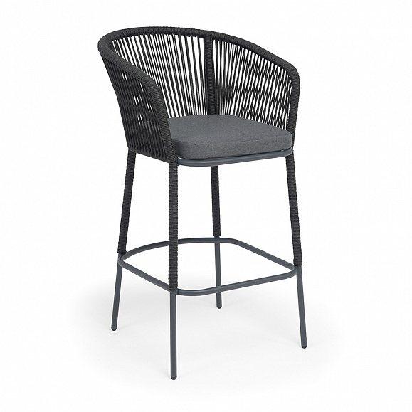 Марсель стул барный плетеный из роупа, каркас из стали темно-серый (RAL7024) муар, роуп темно-серый круглый, ткань темно-серая 027 NEW фото 2