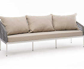 Канны диван 3-местный плетеный из роупа, каркас алюминий белый муар, роуп светло-серый круглый, ткань бежевая 15052