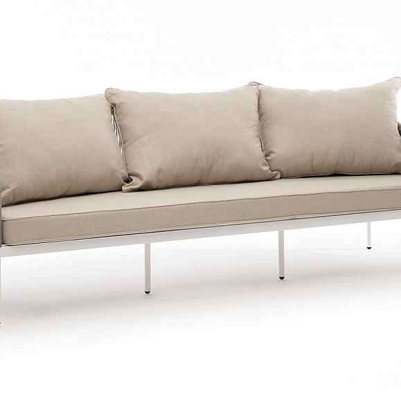 Канны диван 3-местный плетеный из роупа, каркас алюминий белый муар, роуп светло-серый круглый, ткань бежевая 15052 фото 3