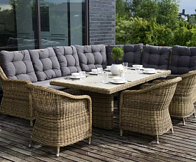 Модуль диванный угловой Бергамо 4SIS из искусственного ротанга, цвет соломенный с подушками