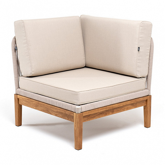 Канны угловой модуль плетеный из роупа, основание дуб, роуп бежевый круглый, ткань бежевая 15052 фото 1