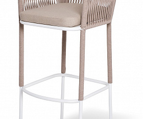 Марсель стул барный плетеный из роупа, каркас из стали белый муар, роуп бежевый круглый, ткань бежевая 15052