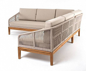 Диван Канны 4SIS модульный плетеный из роупа, основание дуб, роуп бежевый круглый, ткань бежевая 52