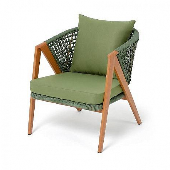 Кресло Амстердам 4SIS плетеное из роупа, каркас алюминий, роуп зеленый круглый, ткань зеленая фото 1