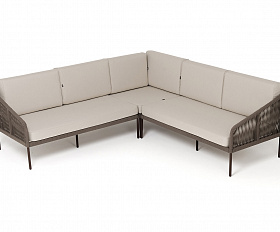 Канны диван модульный плетеный из роупа, каркас алюминий коричневый (RAL8016) муар, роуп коричневый круглый, ткань бежевая 15052