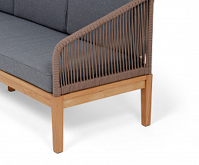 Канны диван 3-местный плетеный из роупа, основание дуб, роуп коричневый круглый, ткань темно-серая 027