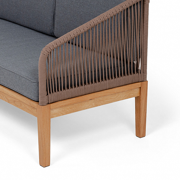 Канны диван 3-местный плетеный из роупа, основание дуб, роуп коричневый круглый, ткань темно-серая 027 фото 4