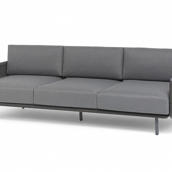 Джелло диван 3-местный плетеный из роупа, каркас алюминий темно-серый (RAL7024) муар, роуп темно-серый круглый, ткань темно-серая 027 фото 1