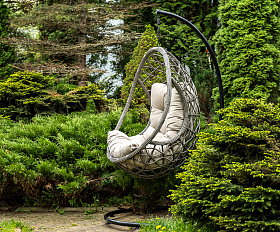 Венеция подвесное кресло-кокон из искусственного ротанга, цвет серый с бежевой подушкой