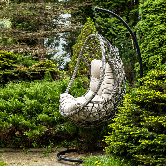 Венеция подвесное кресло-кокон из искусственного ротанга, цвет серый с бежевой подушкой фото 2