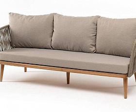 Диван Мальорка 4SIS 3-местный плетеный из роупа, основание дуб, роуп серо-коричневый 23мм, ткань бежевая 52