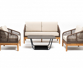 Канны лаунж-зона 4-местная из роупа со столом Гранада (серый гранит), основание дуб, роуп коричневый, ткань бежевая