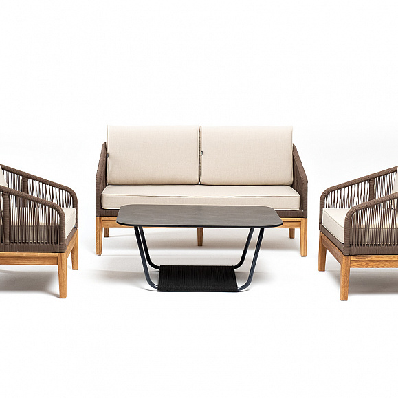 Канны лаунж-зона 4-местная из роупа со столом Гранада (серый гранит), основание дуб, роуп коричневый, ткань бежевая фото 3