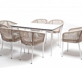 Обеденная группа Малага 4SIS на 6 персон со стульями "Марсель", каркас белый, роуп бежевый