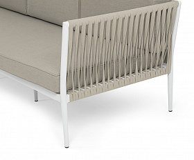 Касабланка диван 3-местный плетеный из роупа, каркас алюминий белый муар, роуп бежевый 20мм, ткань бежевая 15052