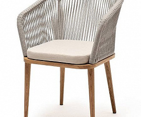 Стул Марсель 4SIS плетеный из роупа, основание дуб, роуп серый меланж круглый, ткань светло-серая