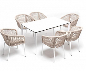 Обеденная группа Малага 4SIS на 6 персон со стульями "Марсель", каркас белый, роуп бежевый