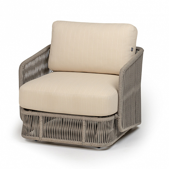 Альбано кресло плетеное из роупа, каркас алюминий светло-серый (RAL7035) муар, роуп серый меланж круглый, ткань Mossle светло-бежевая фото 1