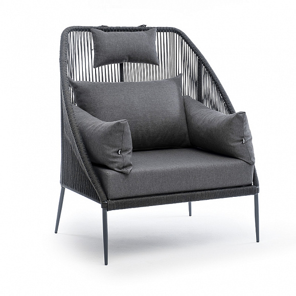 Мадрид кресло плетеное из роупа, каркас алюминий темно-серый (RAL7024) муар, роуп темно-серый круглый, ткань темно-серая 027 фото 3