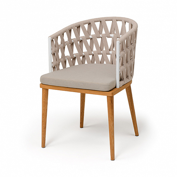 Диего стул плетеный из роупа, основание дуб каркас из стали белый муар, роуп бежевый круглый, ткань бежевая 052 фото 1