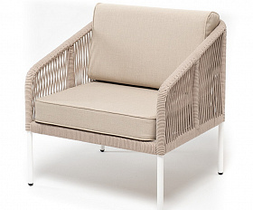 Канны кресло плетеное из роупа, каркас алюминий белый, муар, роуп бежевый круглый, ткань бежевая 035