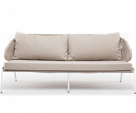 Диван трехместный Милан 4SIS из роупа (веревки), каркас алюминий белый, роуп бежевый круглый, ткань бежевая