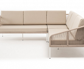Канны диван модульный плетеный из роупа, каркас алюминий белый, роуп бежевый круглый, ткань бежевая 035