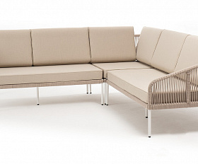 Канны диван модульный плетеный из роупа, каркас алюминий белый, роуп бежевый круглый, ткань бежевая 035