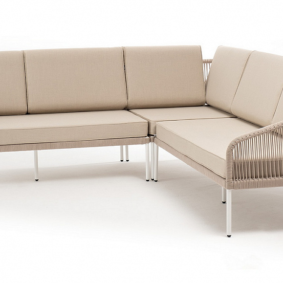 Канны диван модульный плетеный из роупа, каркас алюминий белый, роуп бежевый круглый, ткань бежевая 035 фото 2