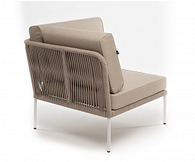 Канны угловой модуль плетеный из роупа, каркас алюминий белый муар, роуп бежевый круглый, ткань бежевая 15052