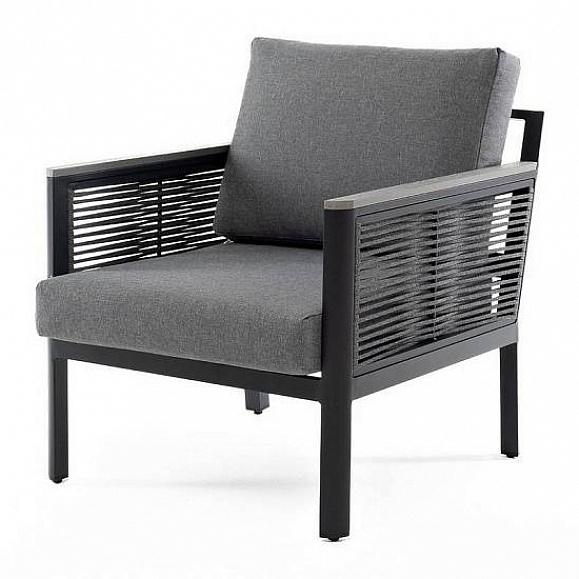 Кресло Сан Ремо 4SIS плетеное из роупа садовое, каркас алюминий темно-серый, роуп серый, ткань серая фото 1