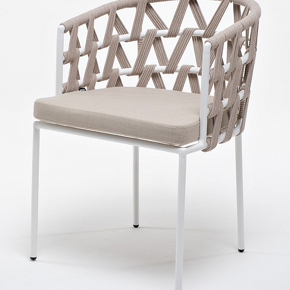 Диего стул плетеный из роупа, каркас из стали белый муар, роуп бежевый круглый, ткань бежевая 15052 фото 1