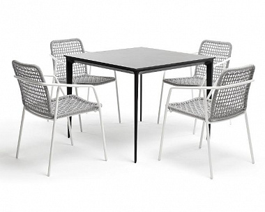 Обеденная группа Малага 4SIS на 4 персоны со стульями "Тунис", каркас белый, роуп светло-серый