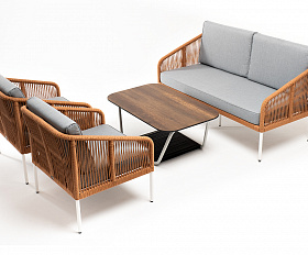 Канны лаунж-зона 4-местная из роупа со столом Глория цвет дуб, каркас алюминиевый белый, роуп оранжевый меланж