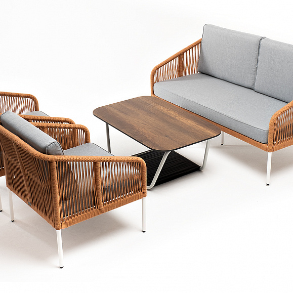 Канны лаунж-зона 4-местная из роупа со столом Глория цвет дуб, каркас алюминиевый белый, роуп оранжевый меланж фото 2