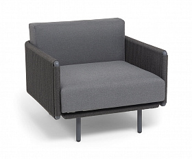 Джелло кресло плетеное из роупа, каркас алюминий темно-серый (RAL7024) муар, роуп темно-серый круглый, ткань темно-серая 027