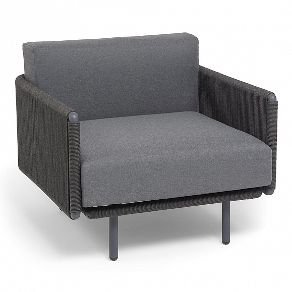 Джелло кресло плетеное из роупа, каркас алюминий темно-серый (RAL7024) муар, роуп темно-серый круглый, ткань темно-серая 027 фото 2